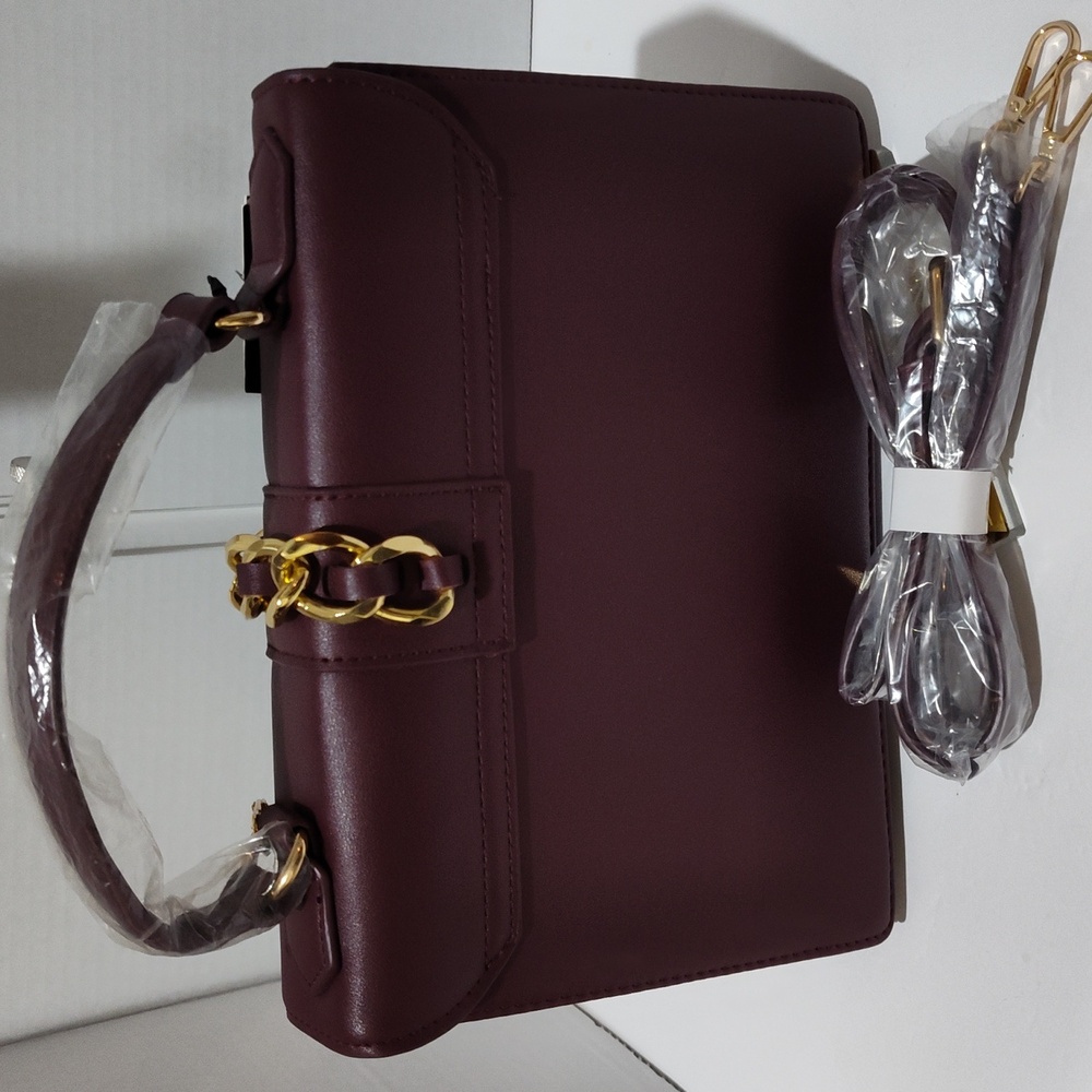 Badgley Mischka Burgundy Satchel with Gold Accents - Picture 2 of 6